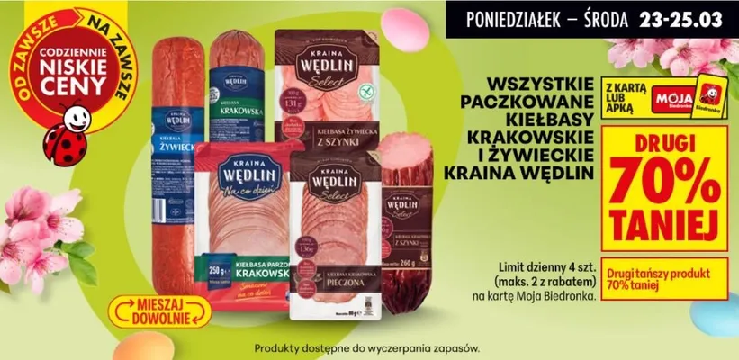 Wszystkie paczkowane kiełbasy Krakowskie i Żywieckie DRUGA -70% promocja w Biedronka