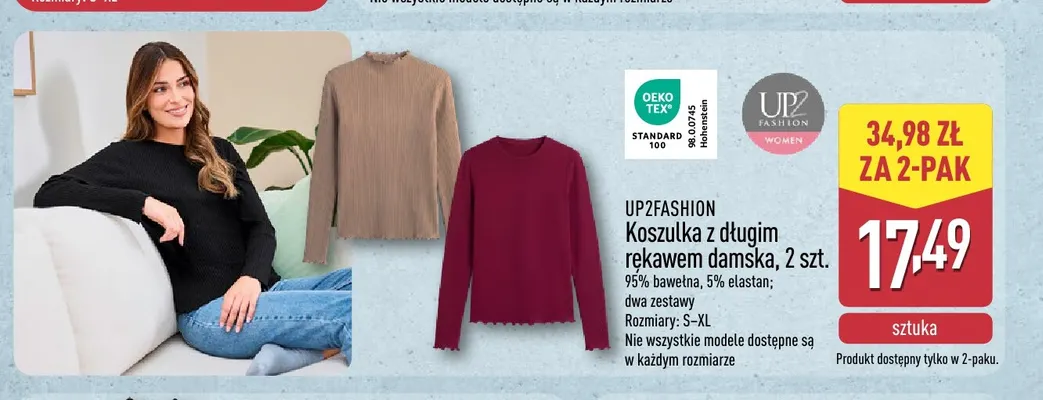 Koszulka z długim rękawem damska UP2FASHION 2-pak promocja w Aldi