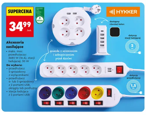 Przedłużacz podłużny 5-gniazdowy z 2 portami USB Hykker promocja w Biedronka