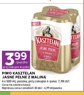 Piwo Kasztelan Jasne Pełne z Maliną 4-pak promocja w Stokrotka