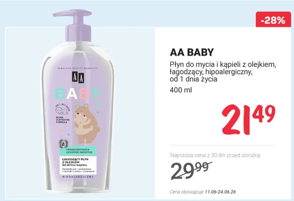 Płyn do mycia i kąpieli z olejkiem łagodzący hipoalergiczny AA Baby promocja w Rossmann