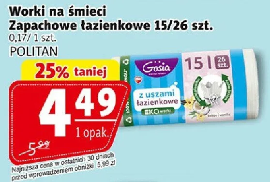 Worki na smieci zapachowe lazienkowe 15/26szt. promocja w Prim Market