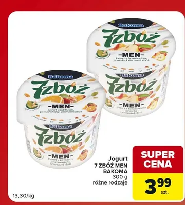 Jogurt 7 Zbóż Men Bakoma z brzoskwinią i ziarnami promocja w Carrefour Market
