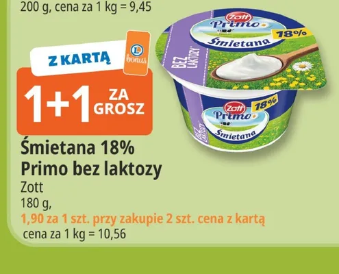 Śmietana 18% Primo bez laktozy Zott promocja w Leclerc