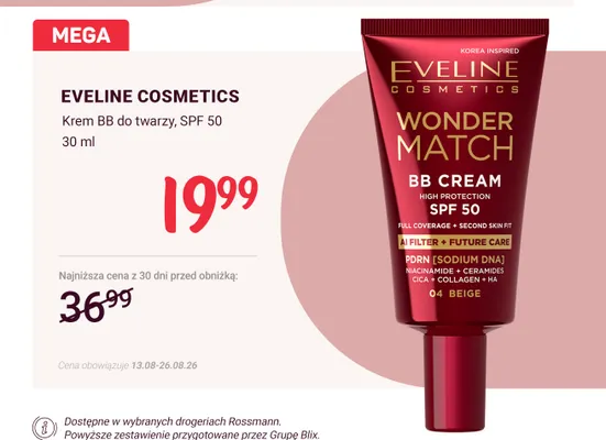 Krem BB do twarzy Eveline Cosmetics Wonder Match SPF 50 promocja w Rossmann
