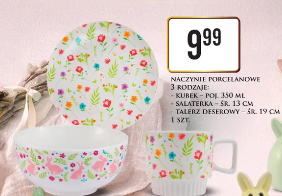 Naczynie porcelanowe 3 rodzaje: kubek - pol. 350ml, salaterka - śr. 13cm, talerz deserowy - śr. 19cm promocja w Dino