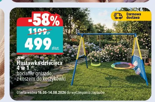 Huśtawka dziecięca JUMI 4 w 1 bocianie gniazdo z koszem do koszykówki promocja w Biedronka Home