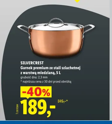 Garnek premium ze stali szlachetnej z warstwą miedzianą 5 l Silvercrest promocja w Lidl
