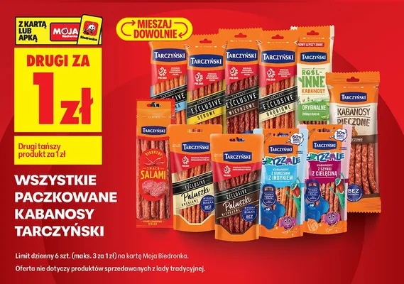 Wszystkie kabanosy paczkowane Tarczyński DRUGI ZA 1 ZŁ promocja w Biedronka