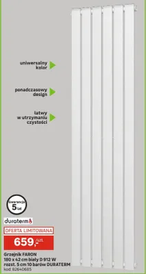 Grzejnik FARON 180 x 42 cm biały D 912 W rozst. 5 cm 10 barów promocja w Leroy Merlin