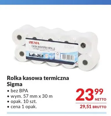 Rolka kasowa termiczna Sigma bez BPA 57mm x 30m promocja w Makro
