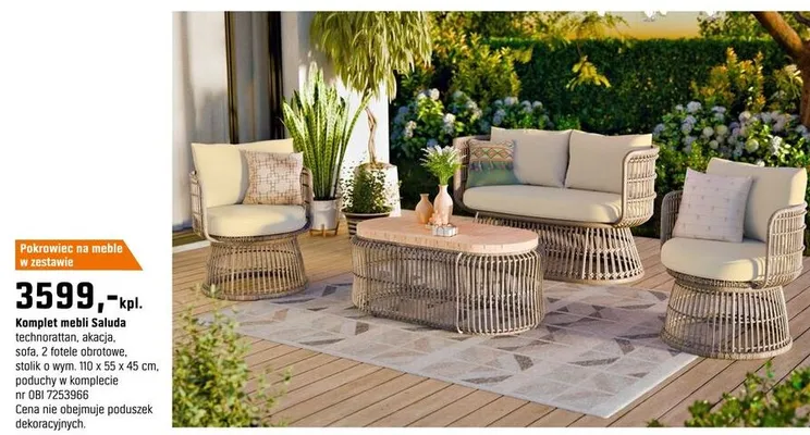 Komplet mebli Saluda technorattan, akacja, sofa, 2 fotele obrotowe, stolik o wym. 110 x 55 x 45 cm, poduchy w komplecie promocja w OBI