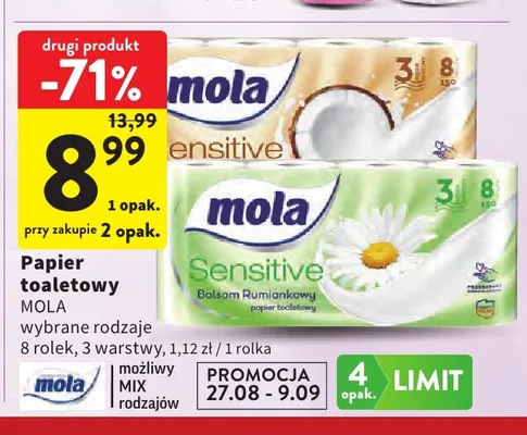 Papier toaletowy 3-warstwowy Mola Sensitive Balsam Rumiankowy 8-pak promocja w Intermarche