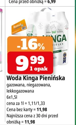 Woda gazowana Kinga Pienińska 6-pak 1,5 l promocja w Leclerc