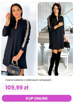 Sukienka damska czarna z cekinowym lampasem ModnaKiecka.pl promocja w Modna Kiecka