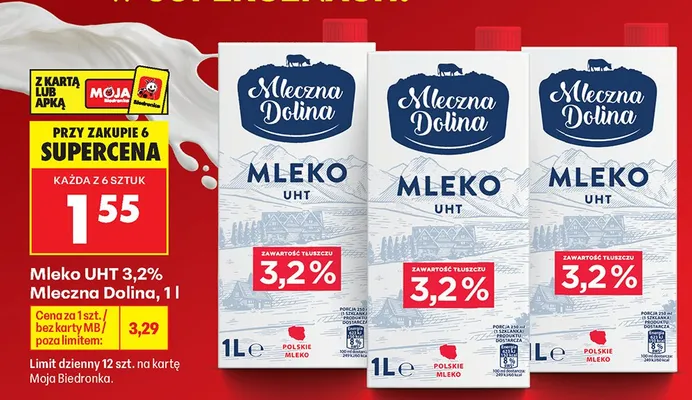 Mleko UHT 3,2% Mleczna Dolina promocja w Biedronka