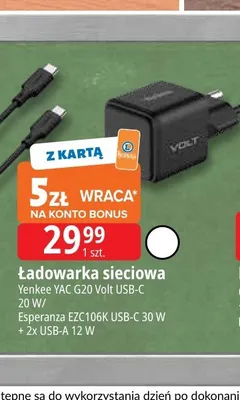Ładowarka sieciowa Esperanza EZC106K USB-C 30W + 2x USB-A 12W promocja w Leclerc