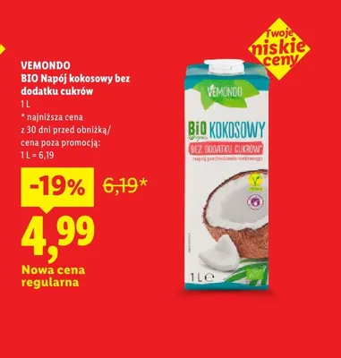 Bio napój kokosowy bez dodatku cukrów Vemondo promocja w Lidl