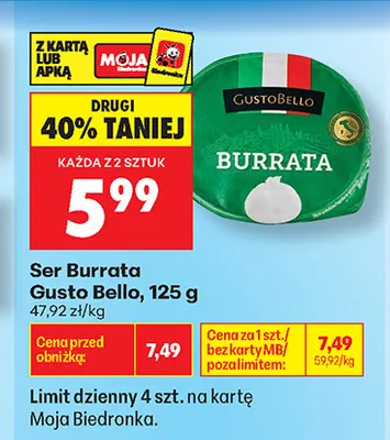 Ser burrata Gusto Bello promocja w Biedronka