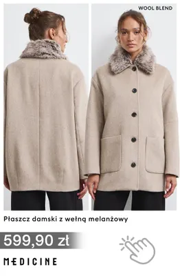 Płaszcz damski z wełną melanżowy Medicine promocja w Medicine
