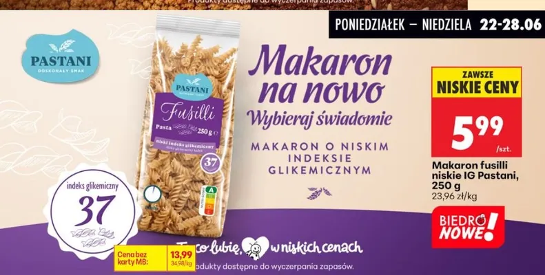 Makaron fusilli niskie IG Pastani promocja w Biedronka