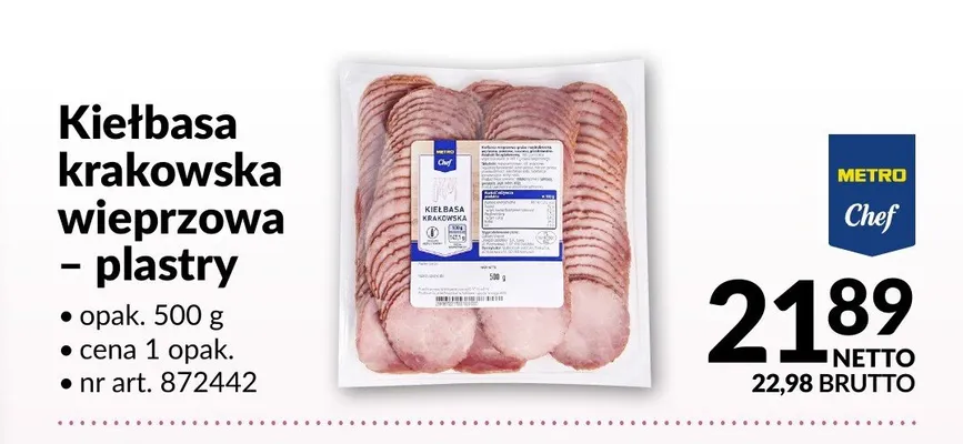 Kiełbasa krakowska wieprzowa - plastry Metro Chef promocja w Makro