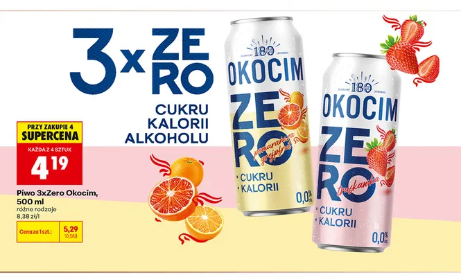 Piwo bezalkoholowe 3xZero Okocim truskawka promocja w Biedronka