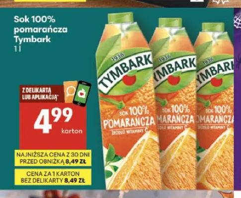 Sok pomarańcza Tymbark 100% promocja w Delikatesy Centrum