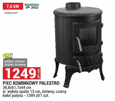 Piec kominkowy Palestro Nordflam 38,8x61,7x44cm śr. wylotu spalin 13cm żeliwny czarny kolor patyna 7,6kW promocja w Merkury Market