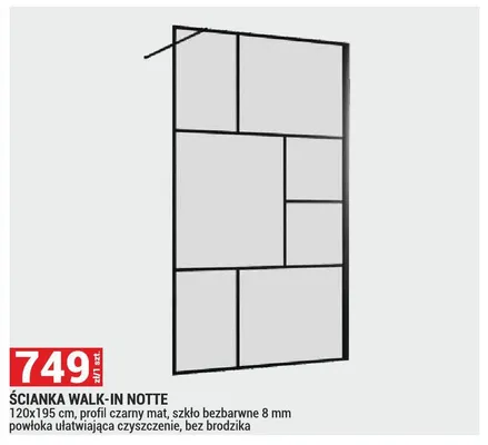 Ścianka walk-in Notte 120x195cm profil czarny mat szkło bezbarwne 8mm powłoka ułatwiająca czyszczenie bez brodzika promocja w Merkury Market