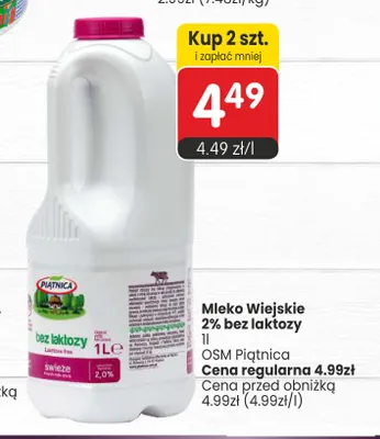 Mleko Wiejskie 2% bez laktozy Piątnica promocja w Market Point