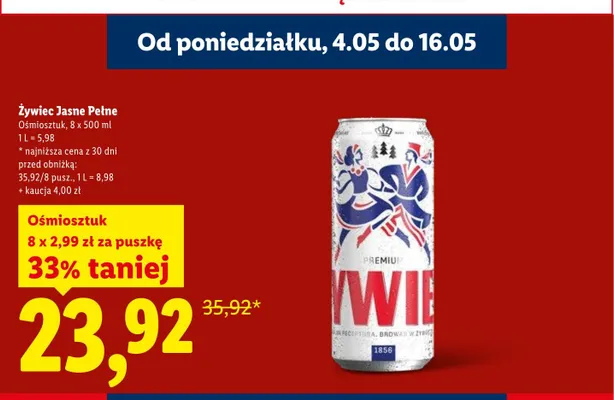 Piwo Żywiec Jasne Pełne 8-pak 500ml promocja w Lidl