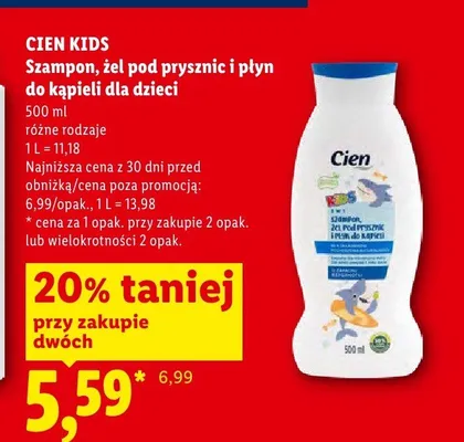 Szampon żel pod prysznic i płyn do kąpieli dla dzieci Cien Kids promocja w Lidl