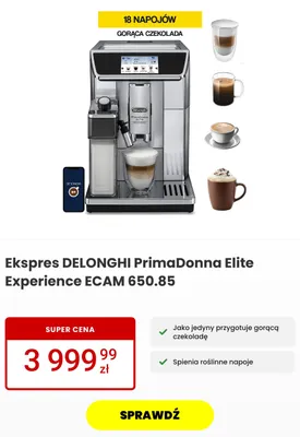Ekspres do kawy De'Longhi PrimaDonna Elite Experience ECAM 650,85 promocja w Media Expert
