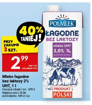 Mleko łagodne bez laktozy 2% UHT Polmlek promocja w Twój Market