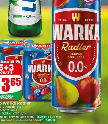 Piwo bezalkoholowe Warka Radler Owoce Leśne promocja w Dino