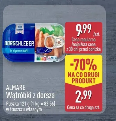 Wątróbki z dorsza w tłuszczu własnym ALMARE promocja w Aldi