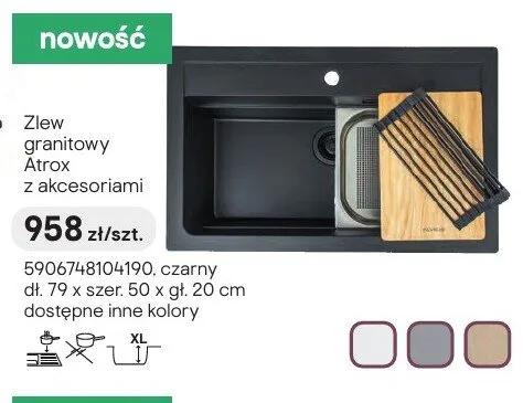 Zlew granitowy Atrox z akcesoriami czarny dł. 79 x szer. 50 x gł. 20cm promocja w Castorama