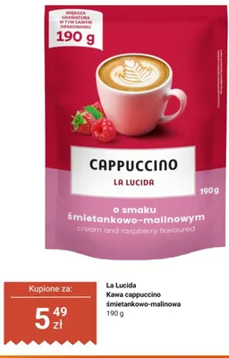 Kawa rozpuszczalna cappuccino śmietankowo-malinowa La Lucida promocja w Dino