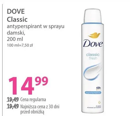 Dezodorant DOVE Classic antyperspirant w sprayu damski promocja w Hebe