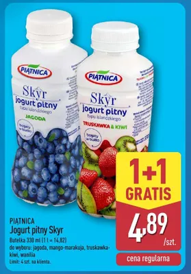 Jogurt pitny skyr jagoda, mango-marakuja, truskawka-kiwi, wanilia promocja w Aldi