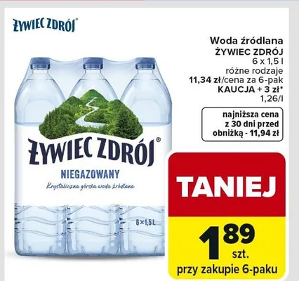 Woda źródlana ŻYWIEC ZDRÓJ 6x1,5l promocja w Carrefour