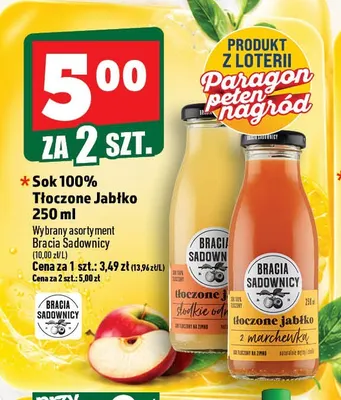 Sok tłoczone jabłko z marchewką Bracia Sadownicy 100% promocja w TOPAZ
