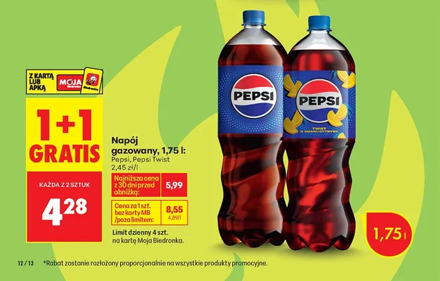 Napój gazowany Pepsi Twist 1,75l 1+1 GRATIS promocja w Biedronka