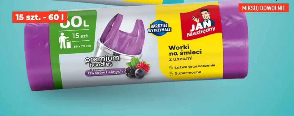 Worki na śmieci z uszami Jan Niezbędny Premium Handles o zapachu Owoców Leśnych 15-pak 60 l promocja w Dealz