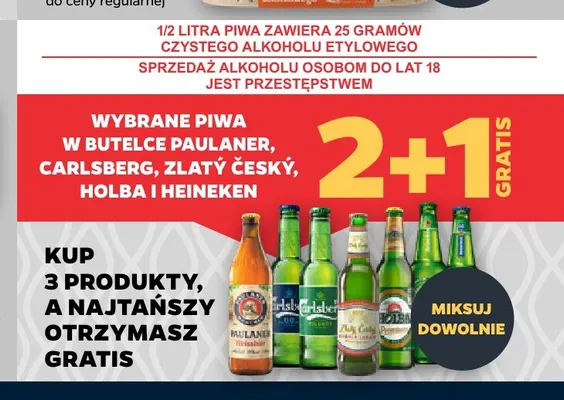 Piwa w butelce Paulaner, Carlsberg, Zlatý Český, Holba i Heineken promocja w Netto