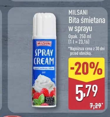 Bita śmietana w sprayu Milsani promocja w Aldi