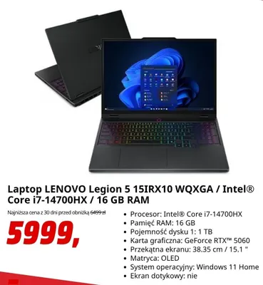 Laptop LENOVO Legion 5 15IRX10 WQXGA Intel Core i7-14700HX 16 GB RAM promocja w Media Markt