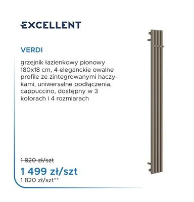 Grzejnik łazienkowy pionowy Excellent Verdi 180x18 cm promocja w Blu Salony Łazienek
