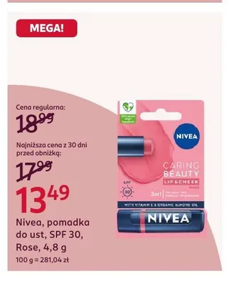 Pomadka do ust Nivea SPF 30 Rose promocja w Rossmann